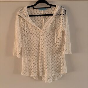 Solitaire Sweim Crochet Hooded Cover-Up Sweater in Ivory